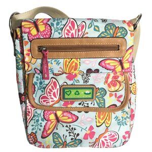 Lily Bloom Butterfly Print Crossbody Bag Tan Trim  Pink Lining Pockets 10" x 9"